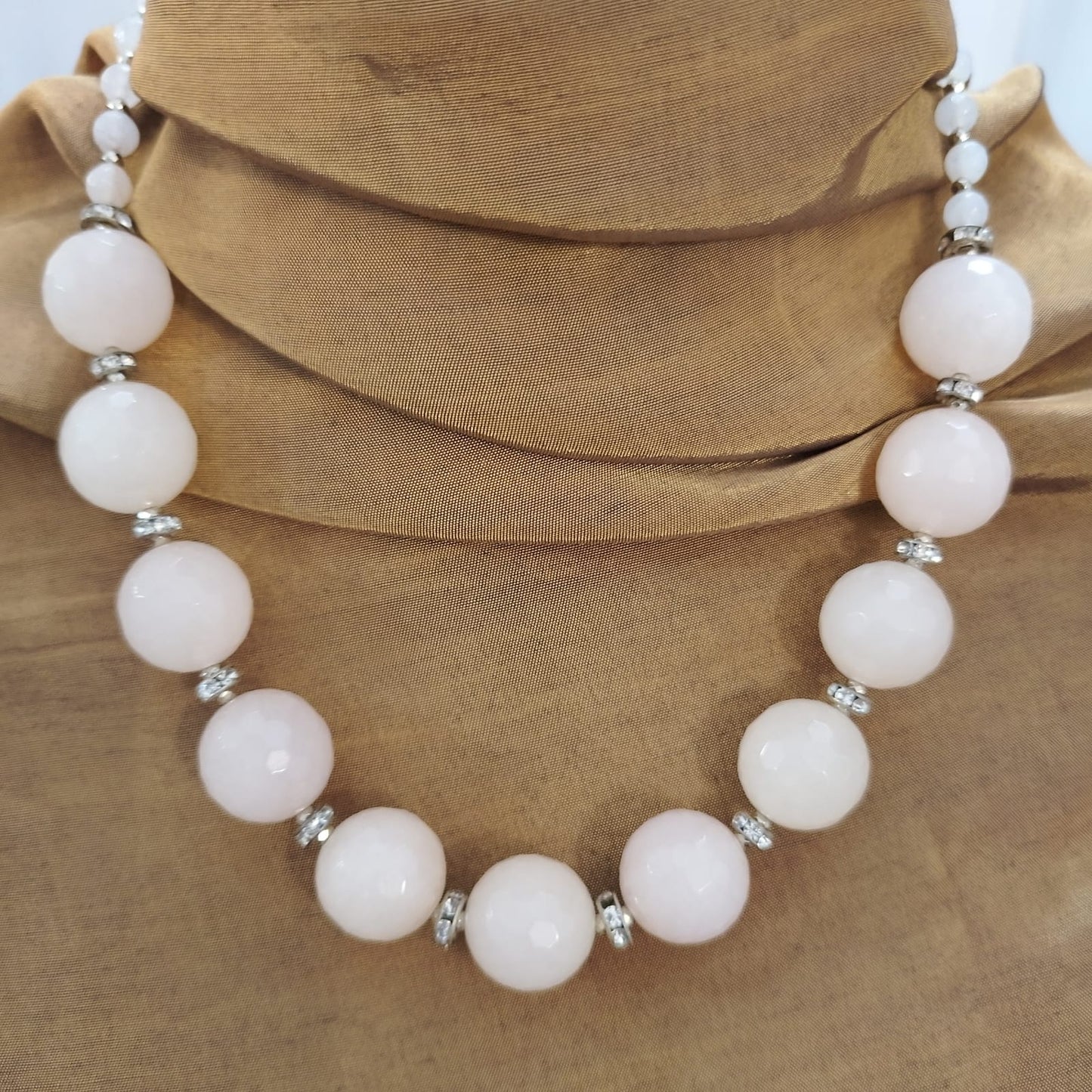 collana cm 55 in argento, giada rosa, ematite e zirconi