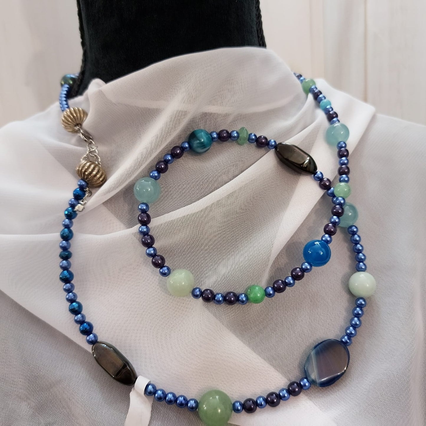90cm choker necklace in agate, hematite, amazonite, aventurine and pearls