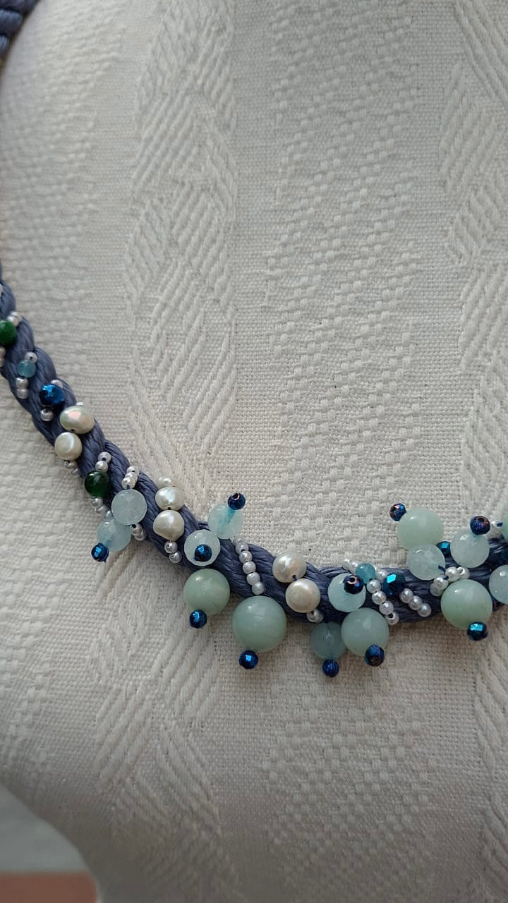 78 cm necklace in cord, river pearls, angelite, amazonite and beads