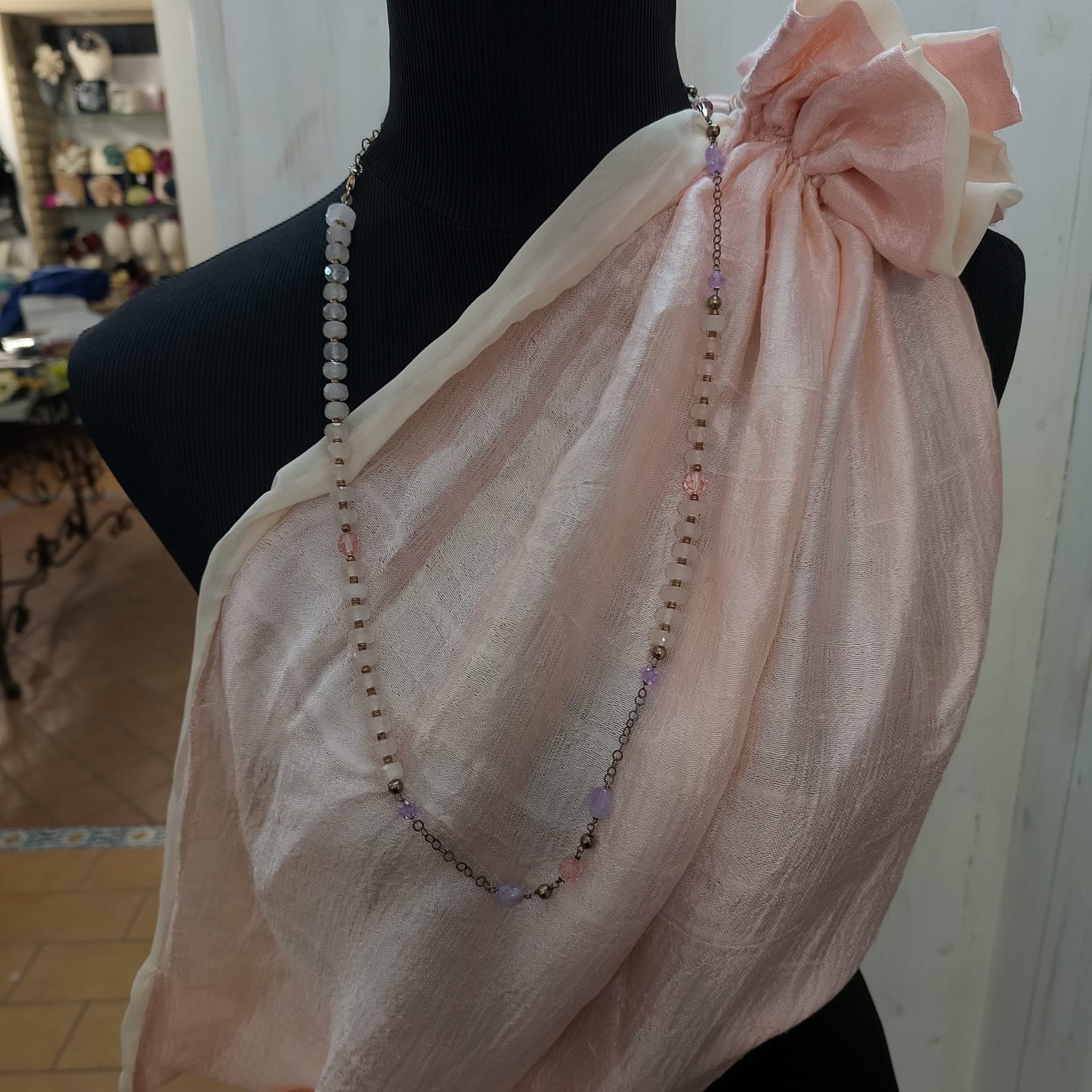 76cm necklace in pink silver, amethyst and quartz