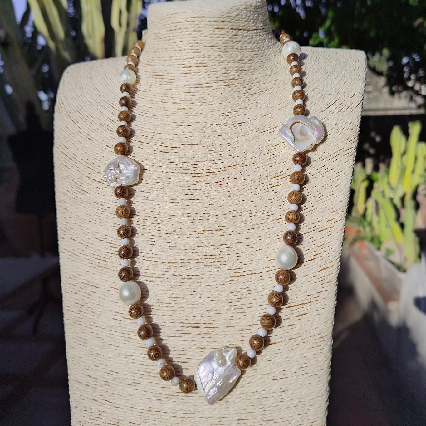 collana cm 70 in legno, agata e perle