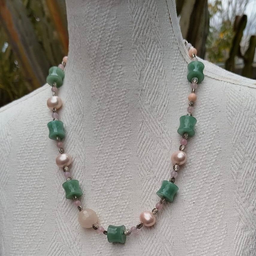 collana cm 63 in perle, giada, quarzo e argentone