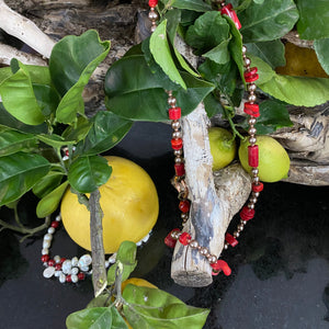 collana e bracciale in bronzo, perle e corallo bamboo