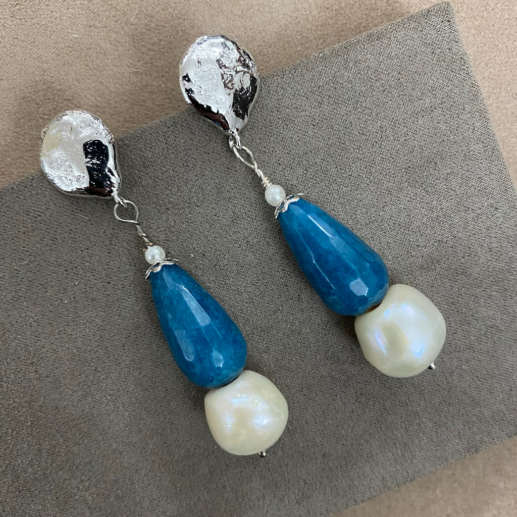 🆕 orecchini in bronzo, perle e agata blu
