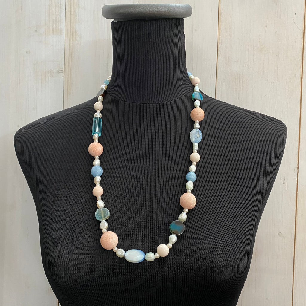 🆕 collana in perle, agata, conchiglia, acquamarina e pietra lavica