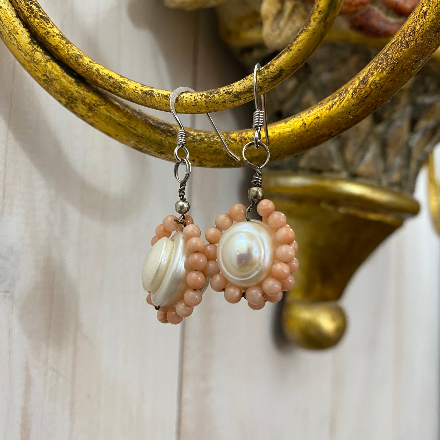 🆕 silver, pearl and pink coral earrings