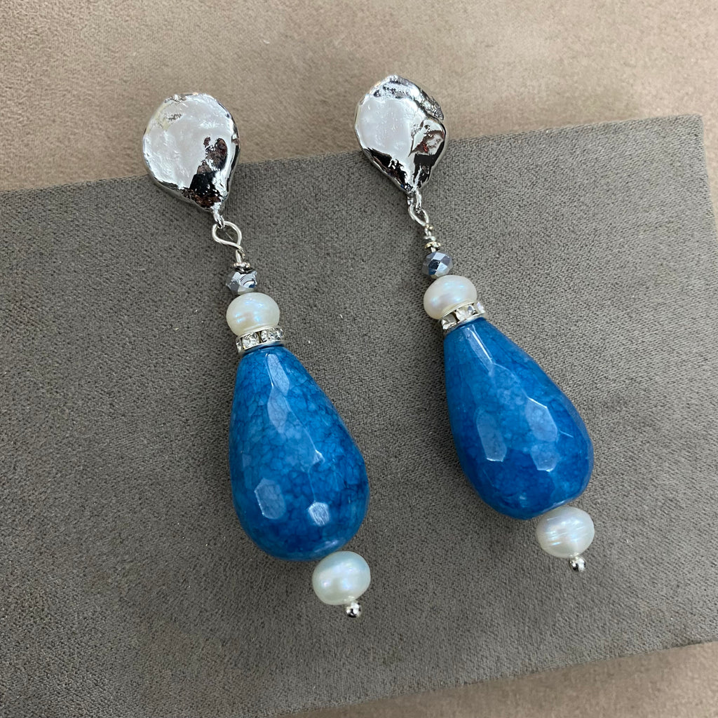 🆕 orecchini in bronzo, perle e agata blu