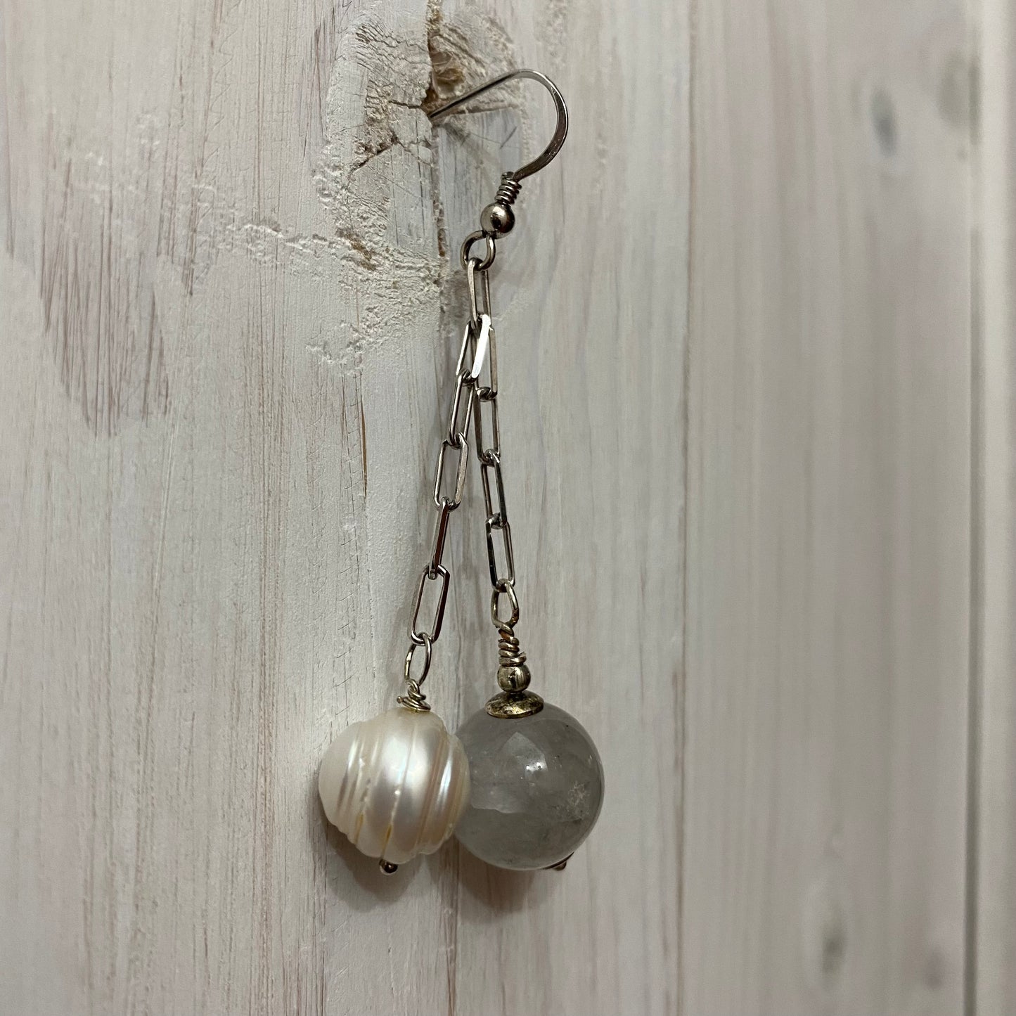 🆕 long earrings in silver, quartz and pearls