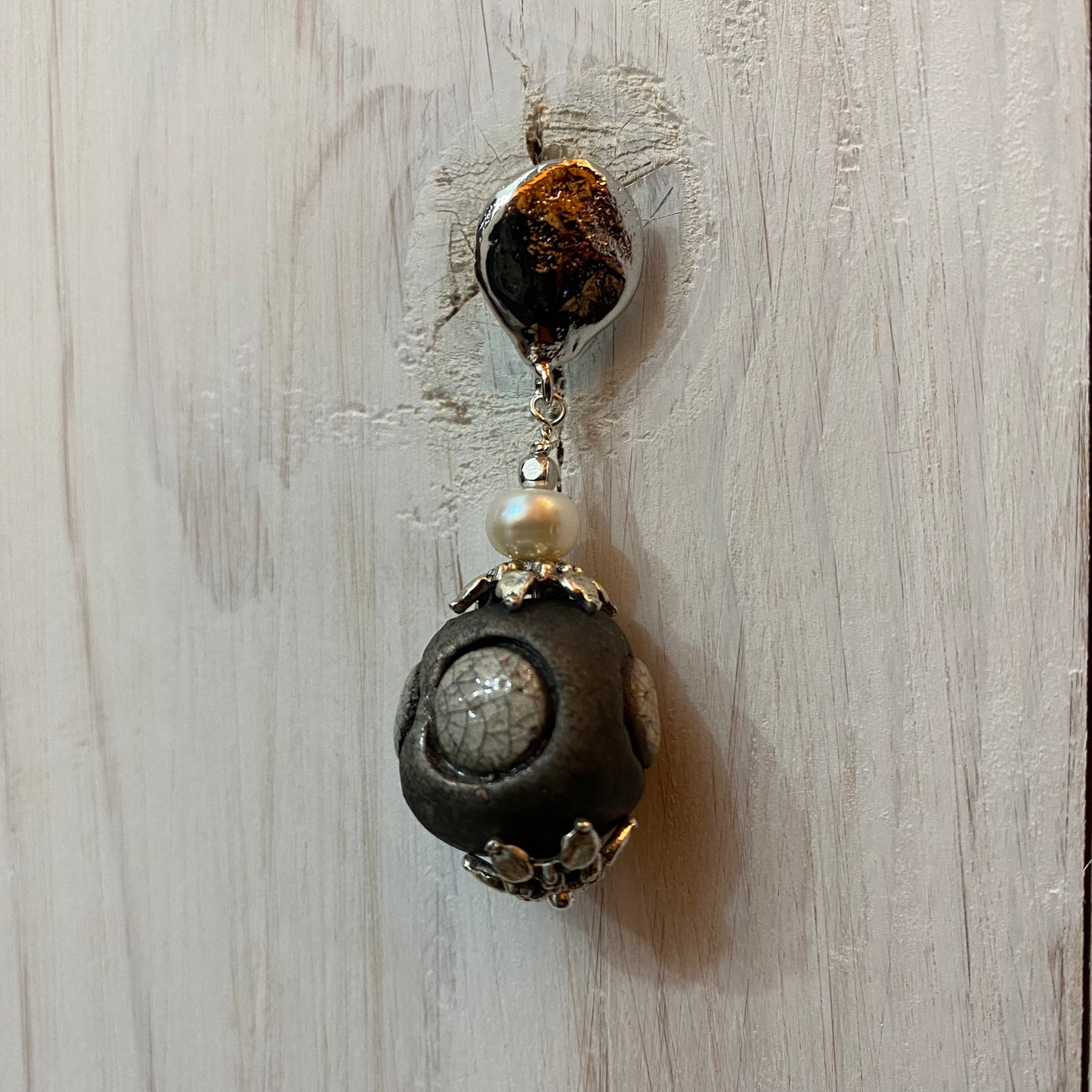 🆕 bronze, pearl and raku ceramic earrings