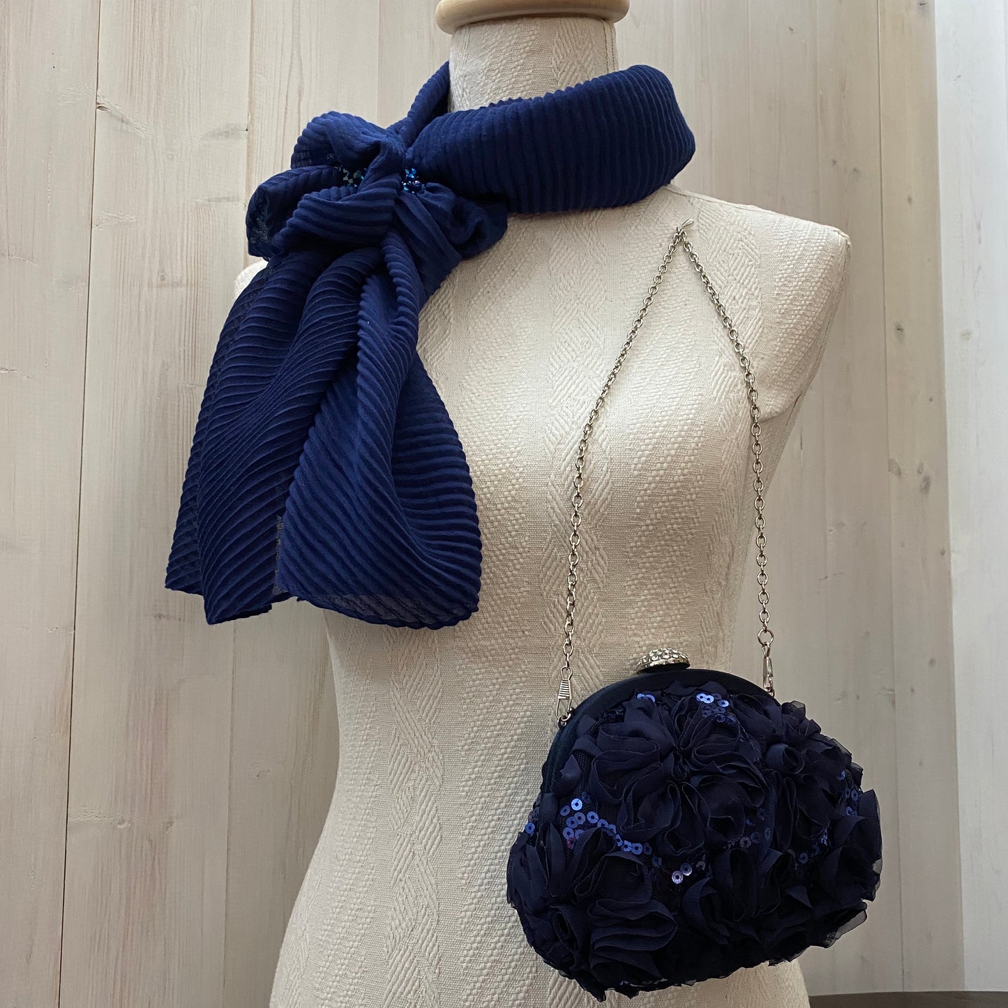 elegant dark blue scarf with semiprecious stone decoration