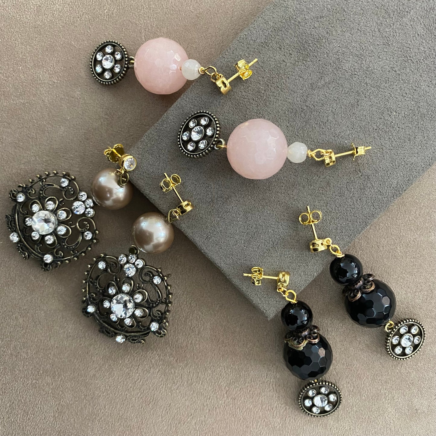 🆕 Gold plated silver earrings with zirconia, onyx and bronze