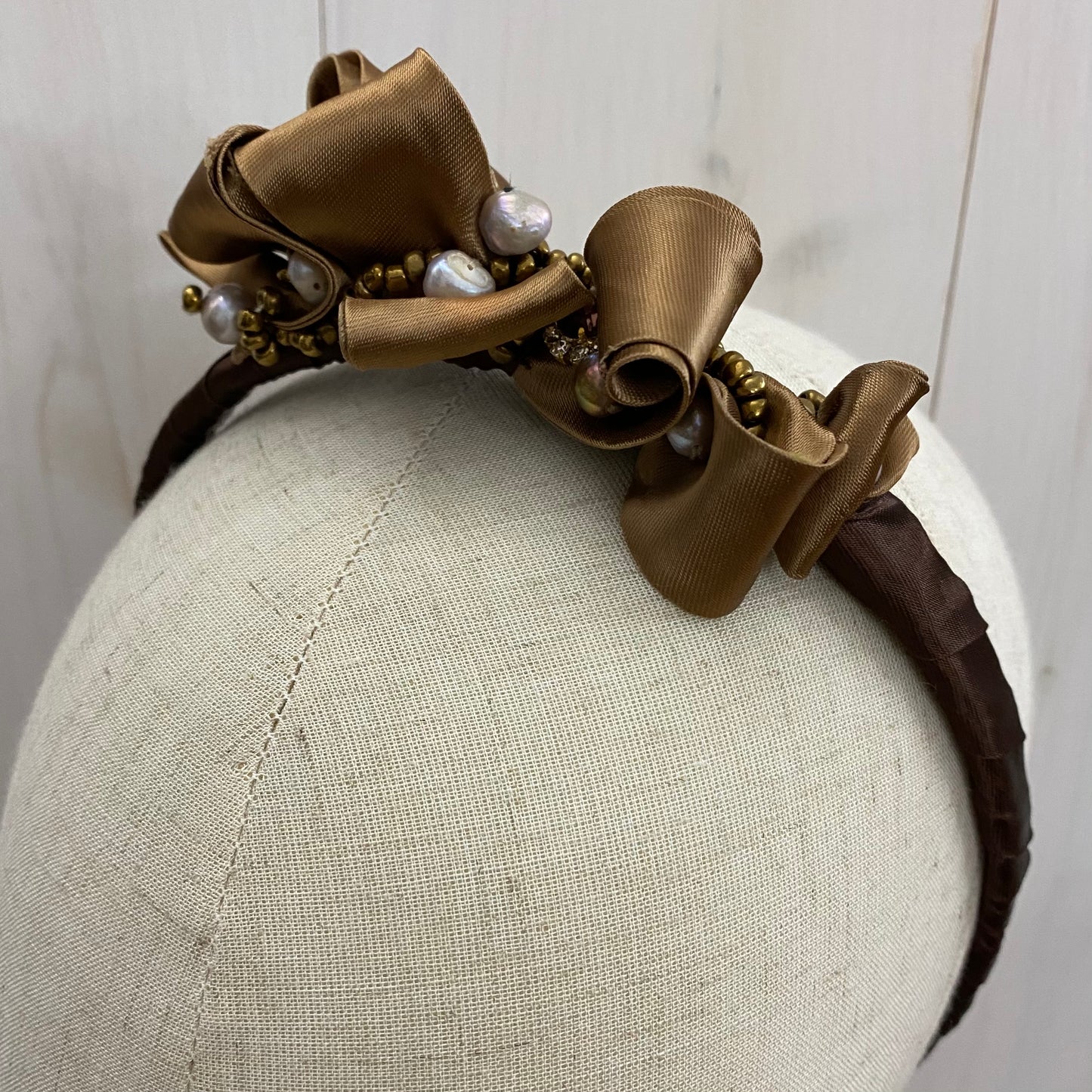 brown silk and pearl headband