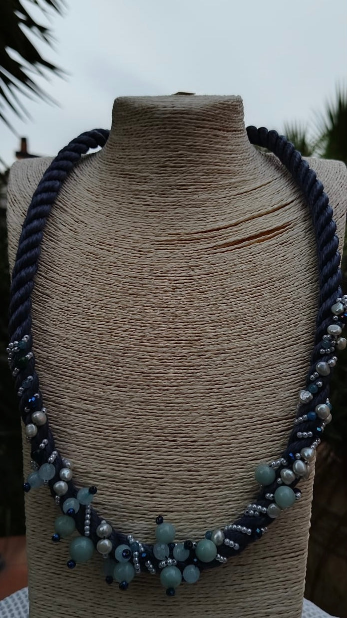 78 cm necklace in cord, river pearls, angelite, amazonite and beads