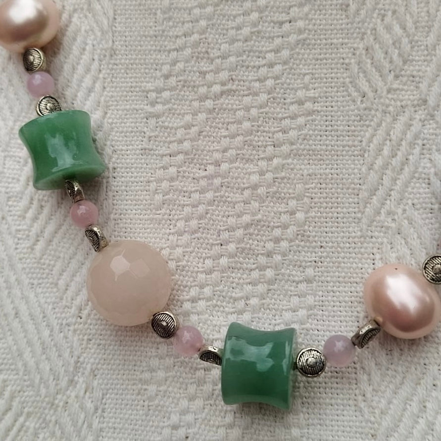 collana cm 63 in perle, giada, quarzo e argentone
