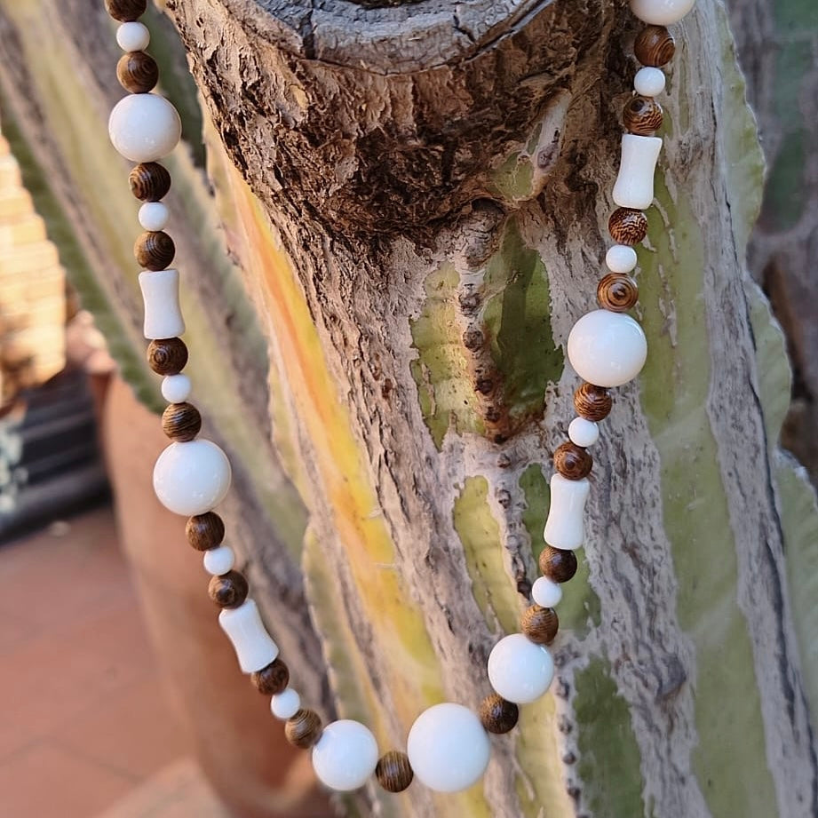 collana cm 64 in legno, agata e osso naturale