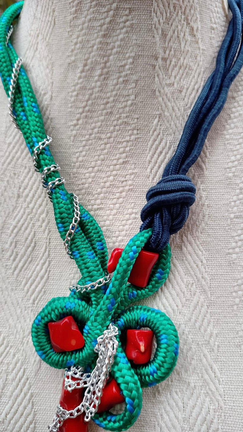 collana cm 73,5 in cordone, corallo bamboo e catena