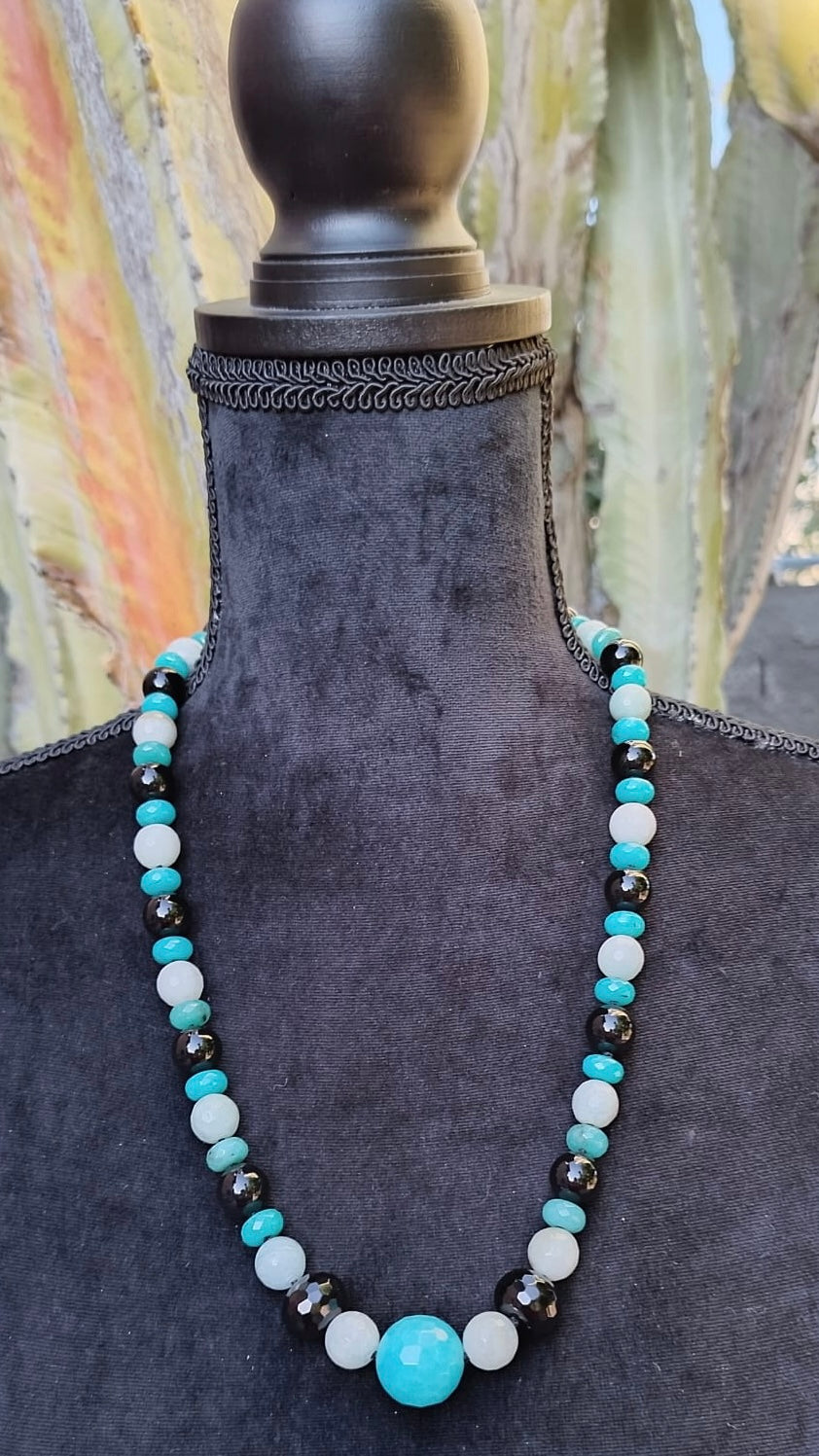 Collier de 64,5 cm en argent, aigue-marine, onyx et turquoise