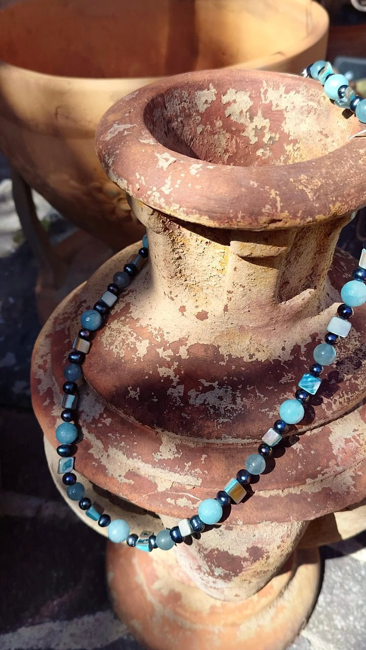 collana cm 75 in angelite, acquamarina, madreperla e perle di fiume