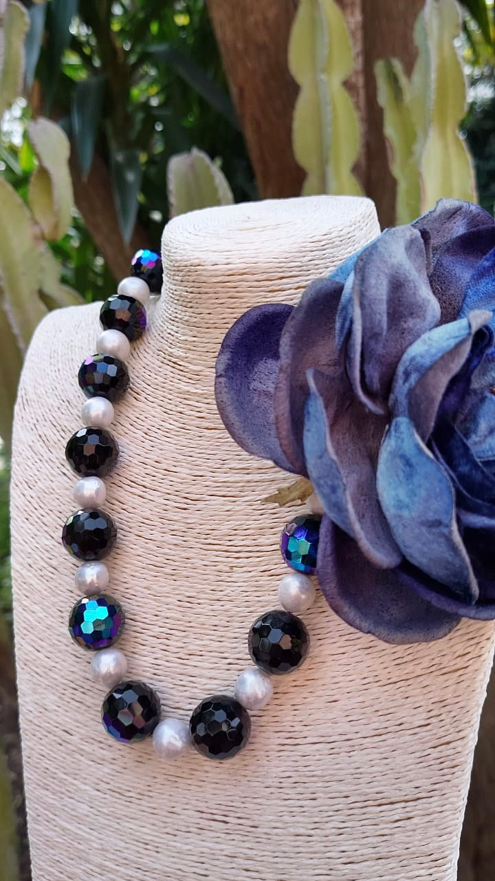 collana cm 56 in perle e agata metallizzata
