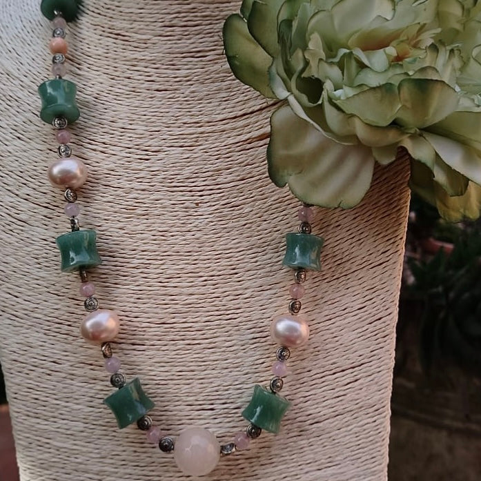 collana cm 63 in perle, giada, quarzo e argentone