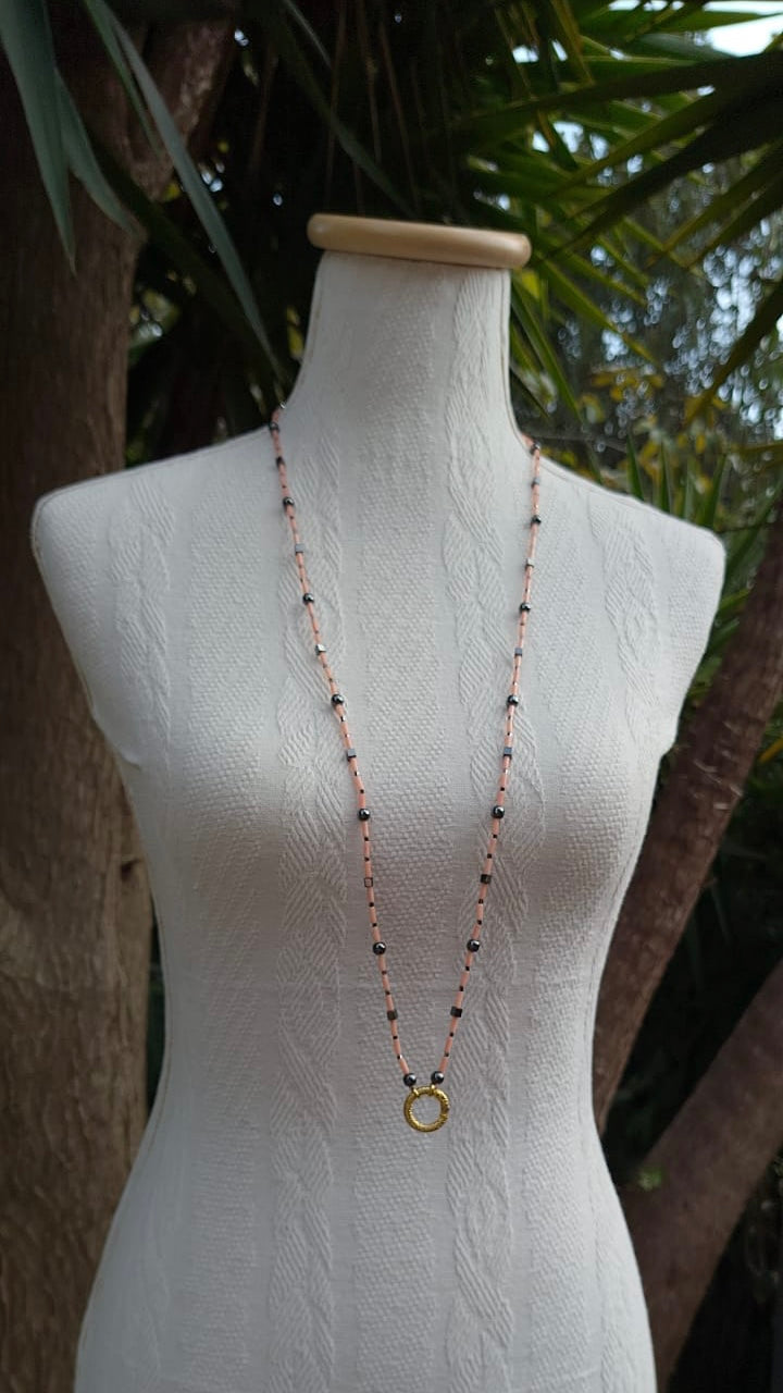 collana cm 99,5 in corallo rosa e terahertz