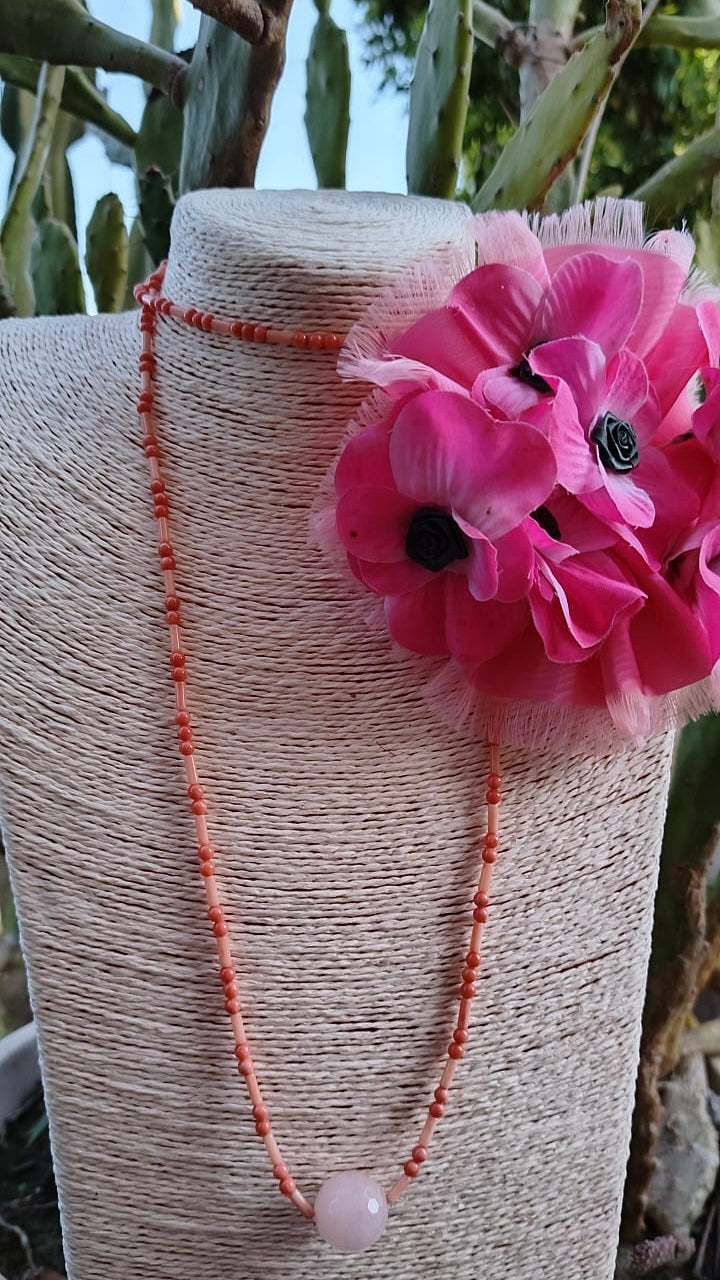 98cm necklace in pink coral and jade