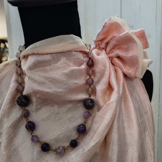 collana cm 56 in argento rosa, ametista, lepidolite e quarzo