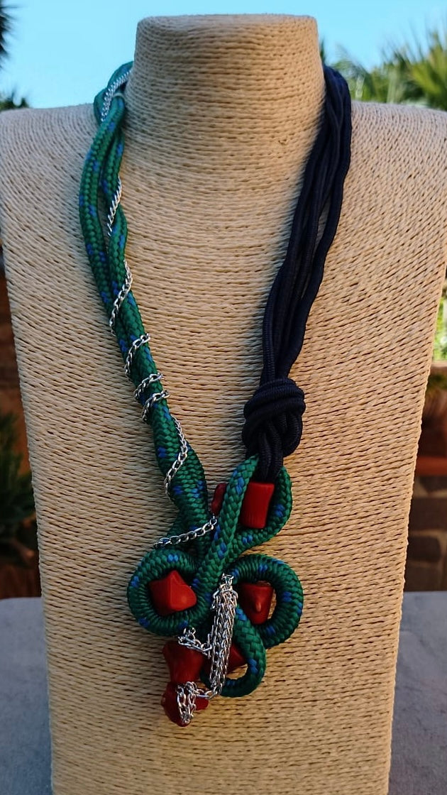 collana cm 73,5 in cordone, corallo bamboo e catena