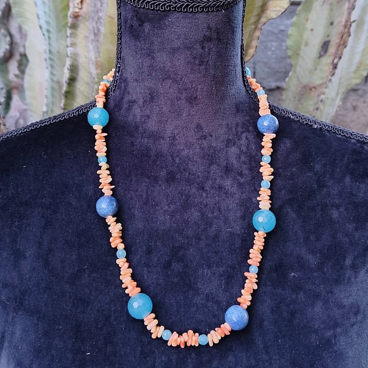 collana cm 61,5 in acquamarina, diaspro e pasta di corallo