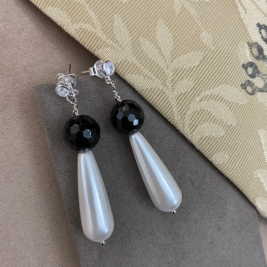 🆕 boucles d'oreilles en argent avec zircone, perles et onyx