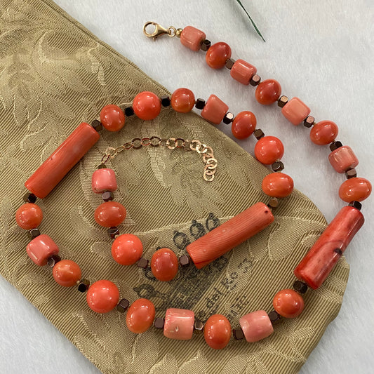collana cm 74 in argento, perle, corallo ed ematite