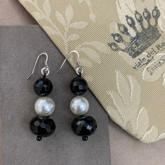 🆕 boucles d'oreilles en argent, perle et onyx